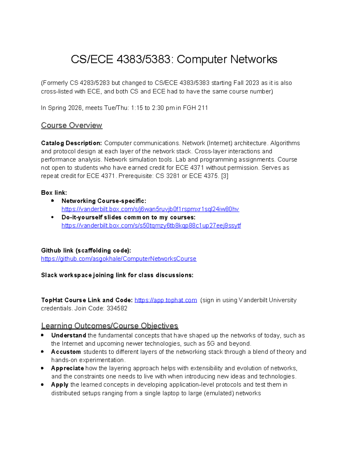 CS-ECE 4383/5383 Computer Networks Syllabus - Spring 2026 - Studocu
