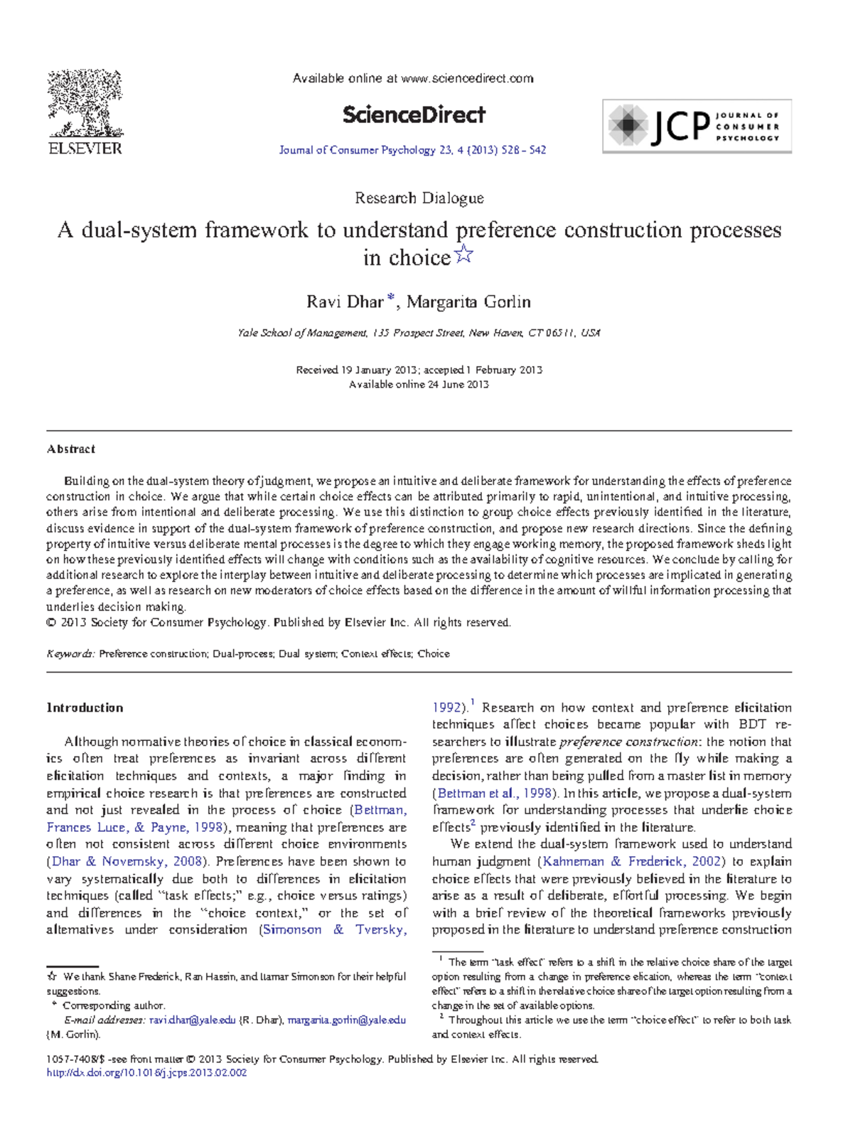 A Dual-System Approach to Preference Construction in Choice - 1B ...