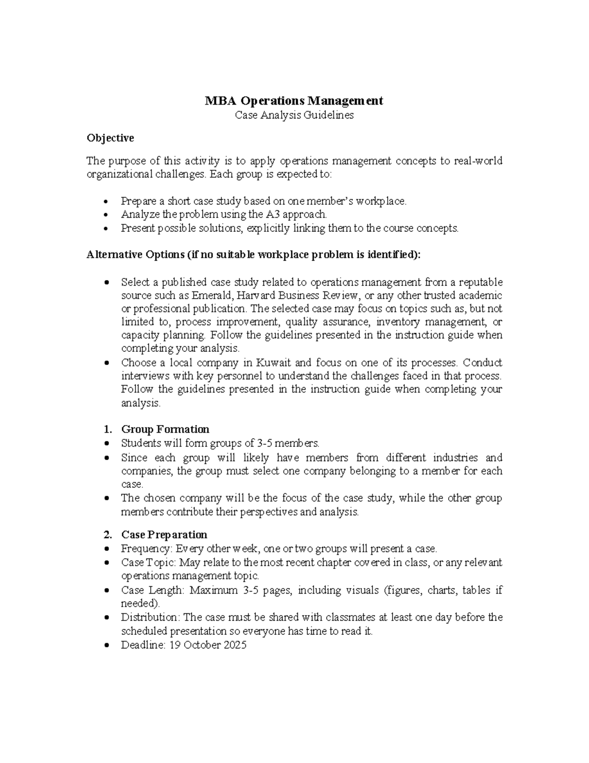 MBA Operations Management Case Analysis Guidelines (Fall 25-26) - Studocu