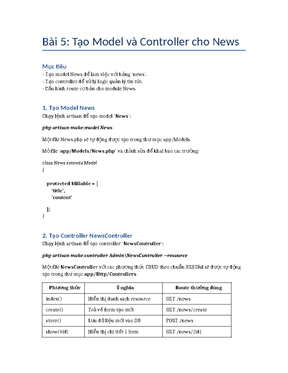 L5: Hướng Dẫn Tạo Model, Controller và Route Resource cho News - Studocu