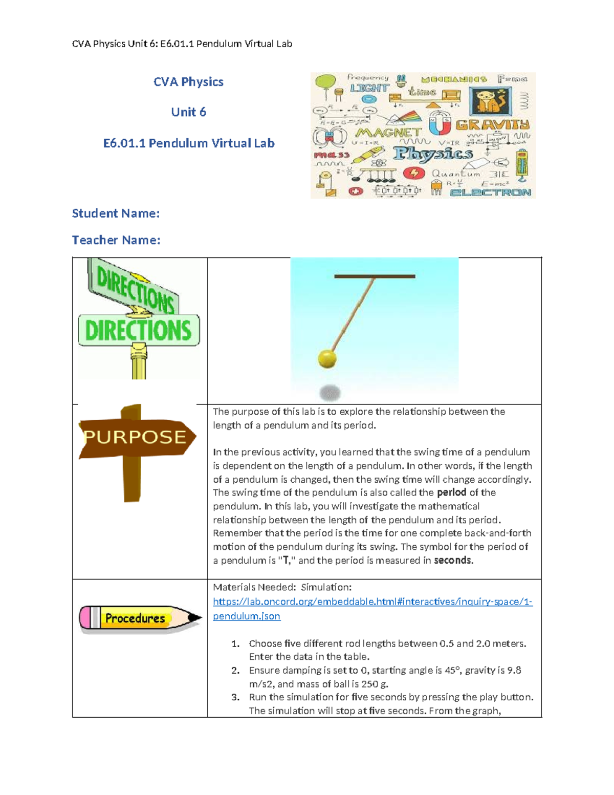 CVA Physics Unit 6: E6.01.1 Pendulum Virtual Lab Analysis - Studocu
