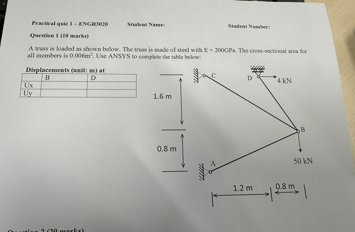 ENGR3020 Practical Quiz 1 Exam Paper - Truss Analysis 2024 - Studocu
