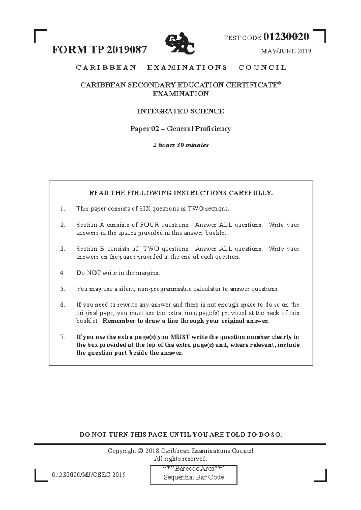 CSEC Integrated Science P2 2019 Exam Paper - General Proficiency - Studocu