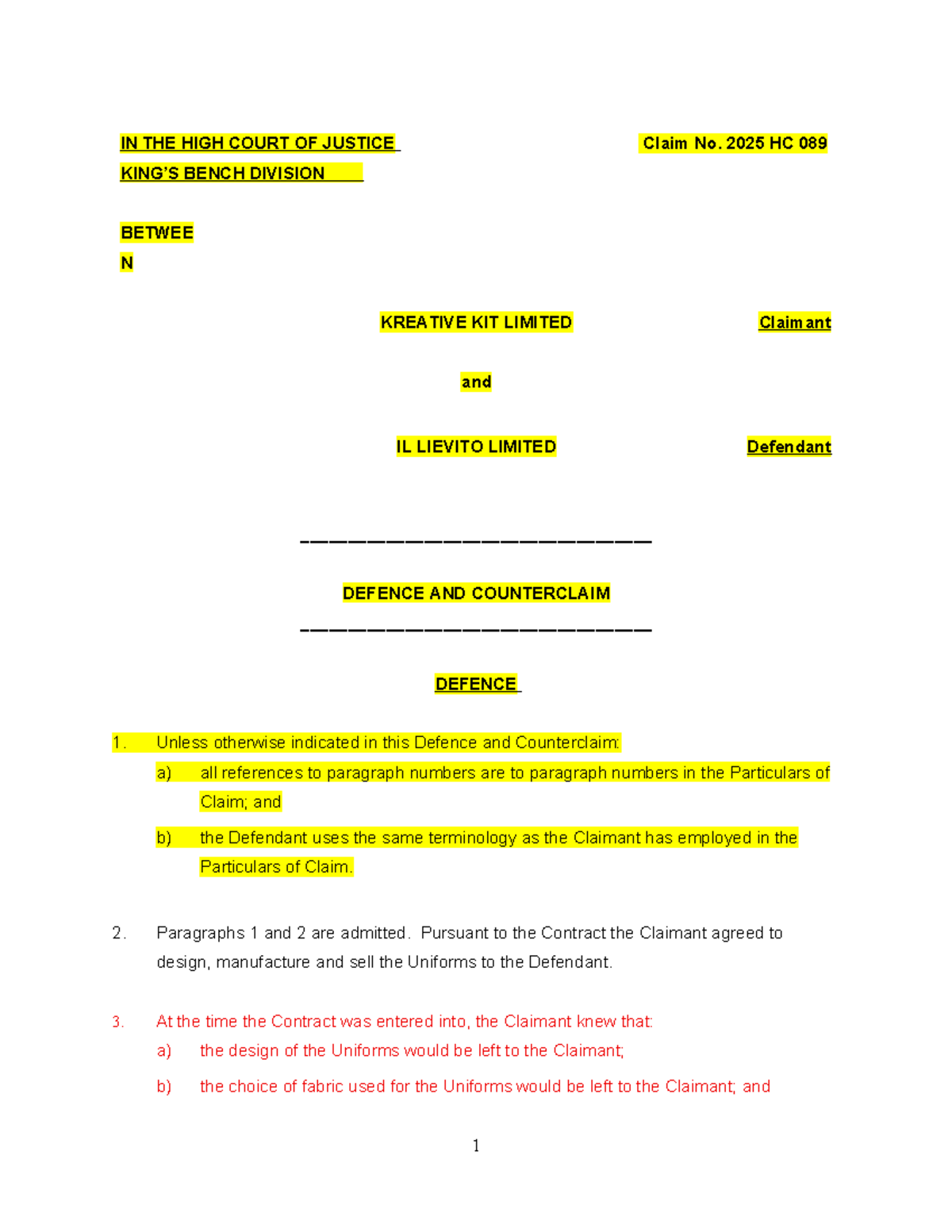 W4 Kreative Kit Exemplar Defence and Counterclaim Analysis - Studocu