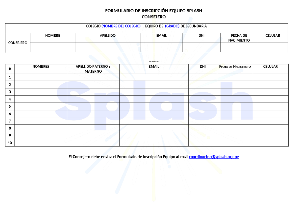 Formulario Equipo Splash ( Consejero) - Artes Integradas - FORMULARIO ...