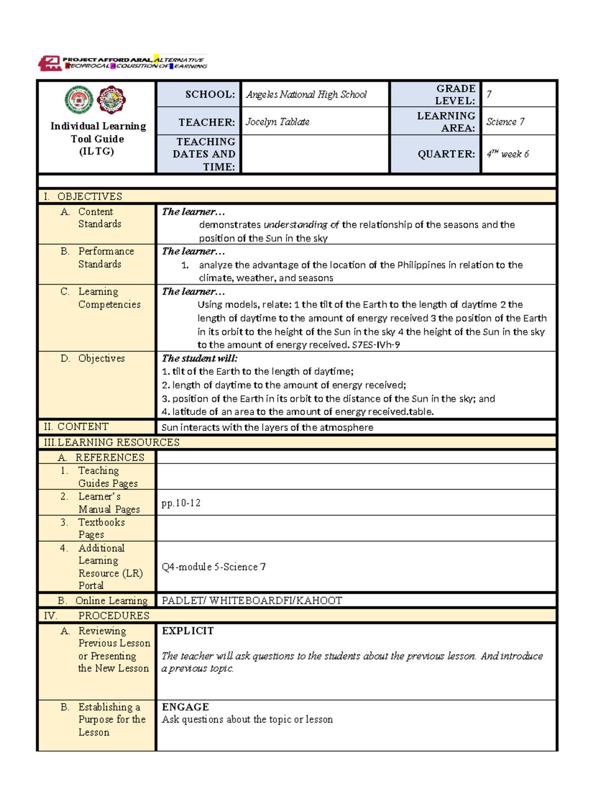 Q4- Science 7- ILTG W6 - Individual Learning Tool Guide (ILTG) SCHOOL ...