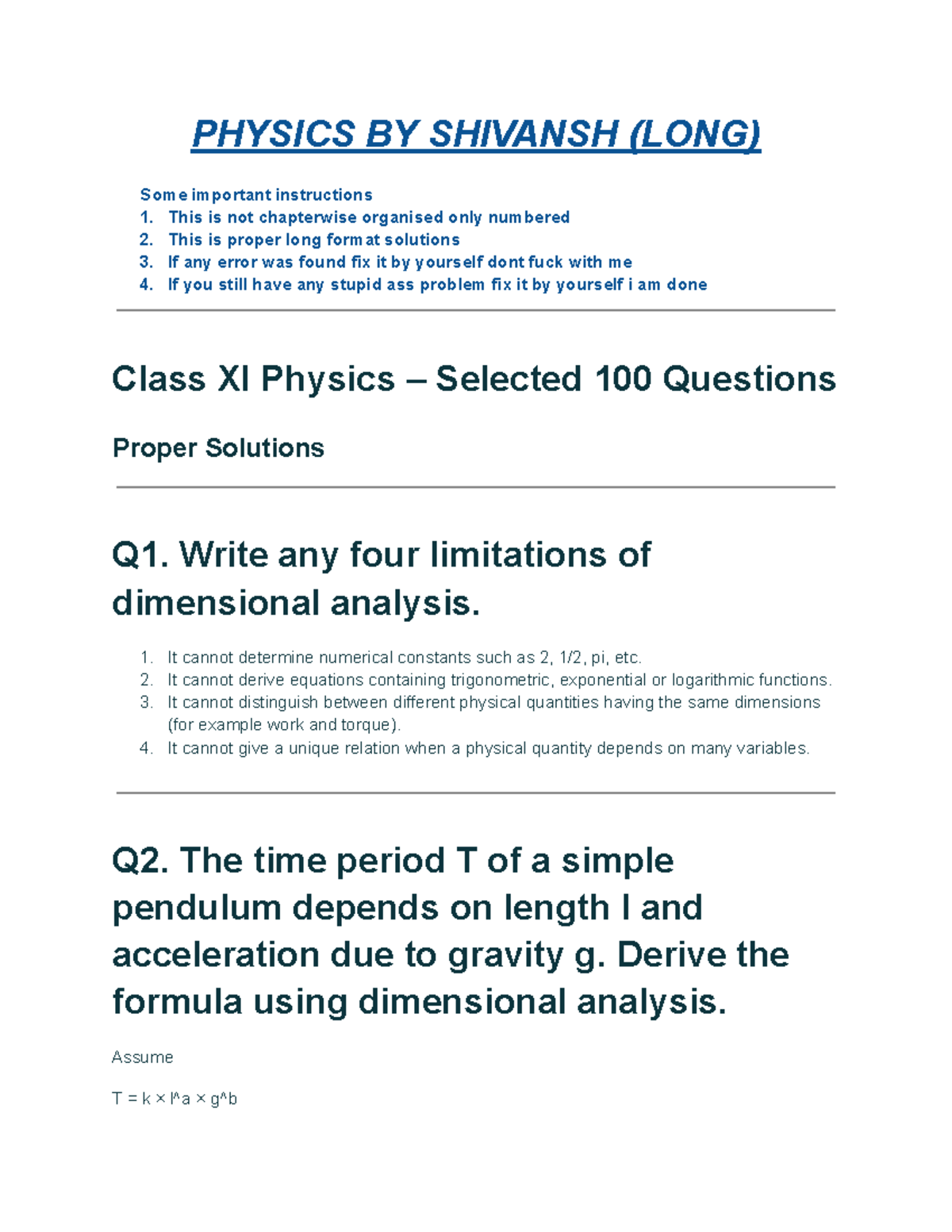 PHYSICS 101: Class XI Long Format Solutions and Key Concepts - Studocu