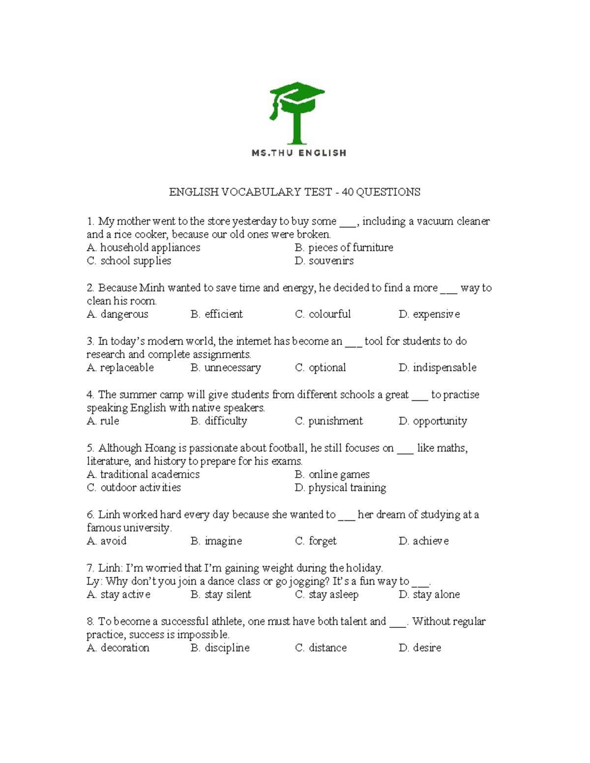 ENGLISH VOCABULARY TEST (40 Qs) - Practice Questions - Studocu