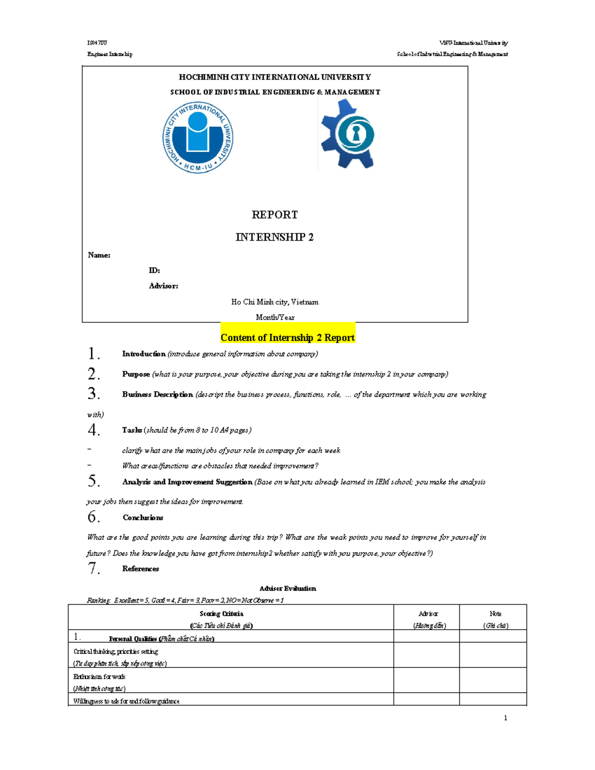 IS047IU Engineer Internship Report Guidelines - 2022 - Studocu
