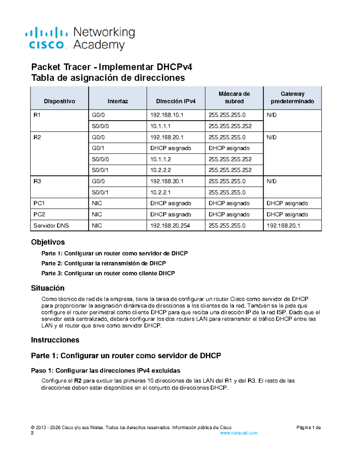 Packet Tracer - Implementación de DHCPv4 en Routers - Studocu