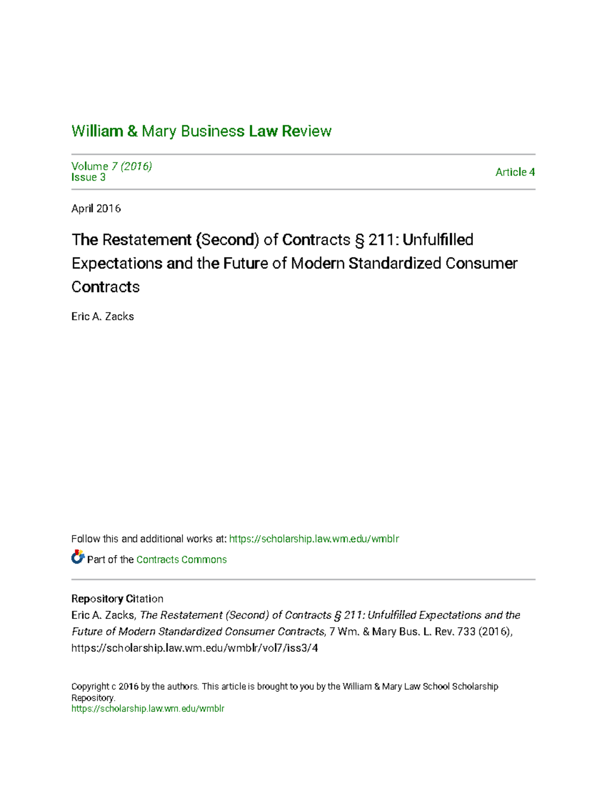 Restatement (Second) of Contracts § 211: Unfulfilled Expectations ...