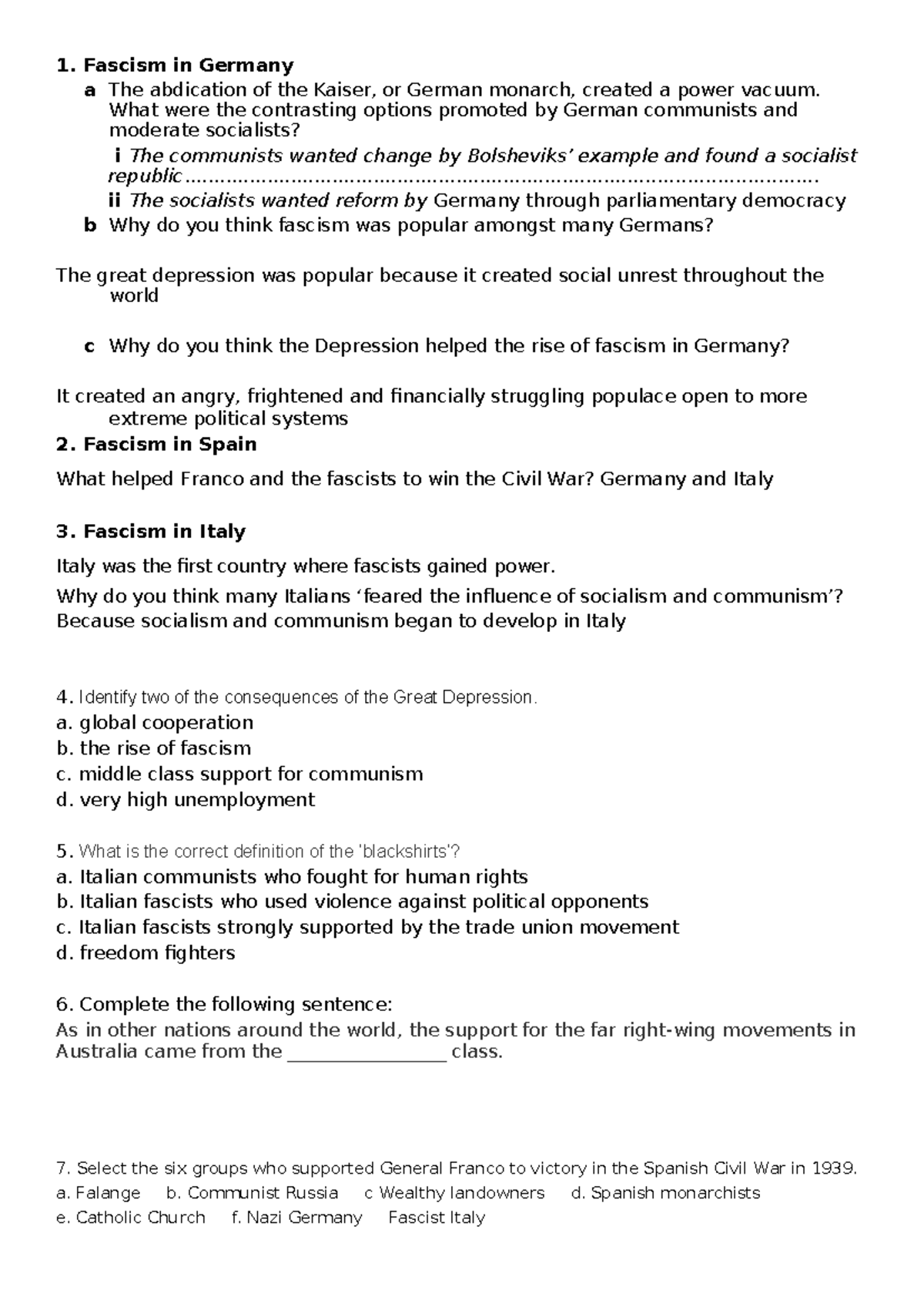 HIS10T1W3L2 Study Notes: The Rise of Fascism in Germany, Spain & Italy ...