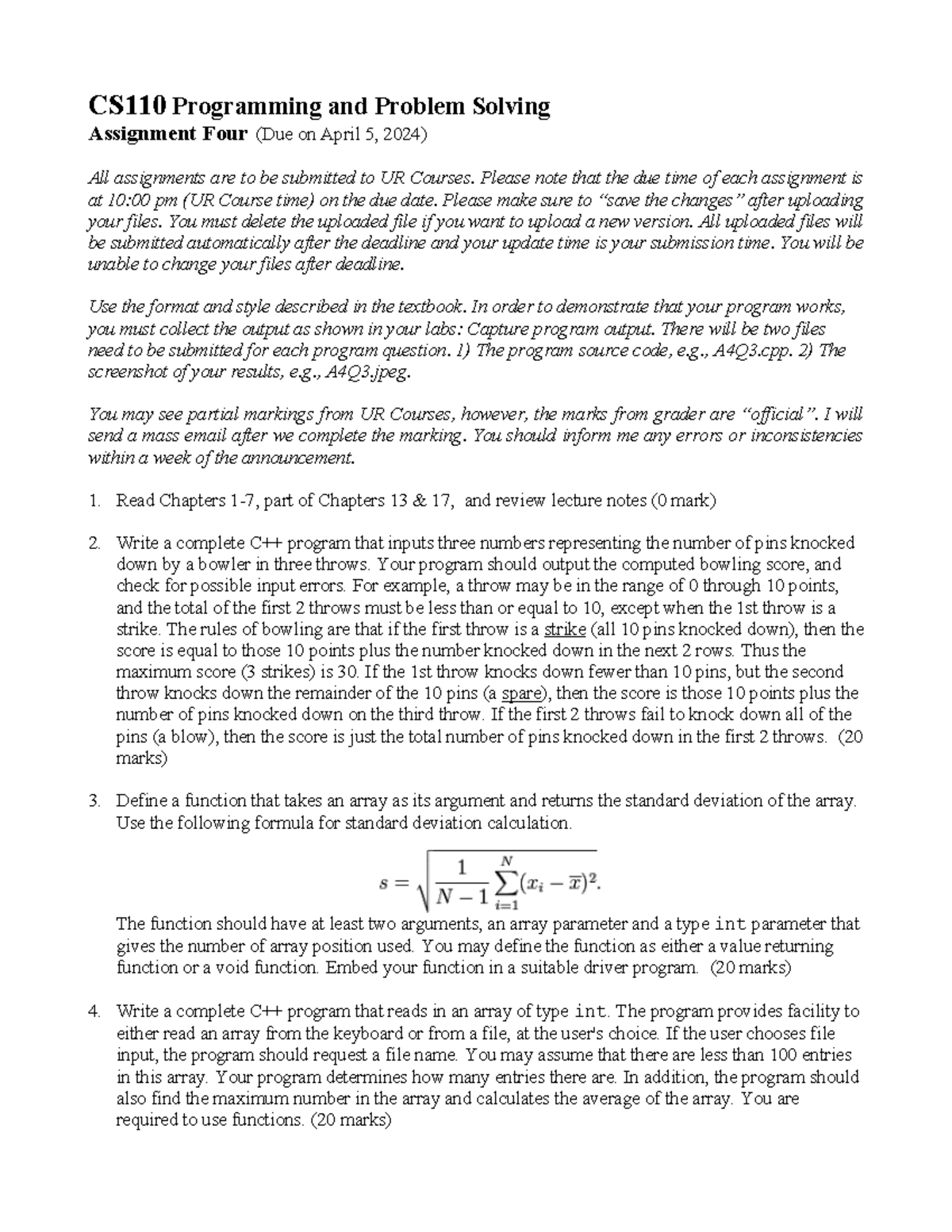 CS110 2024 Assignment 4: Programming and Problem Solving Guide - Studocu