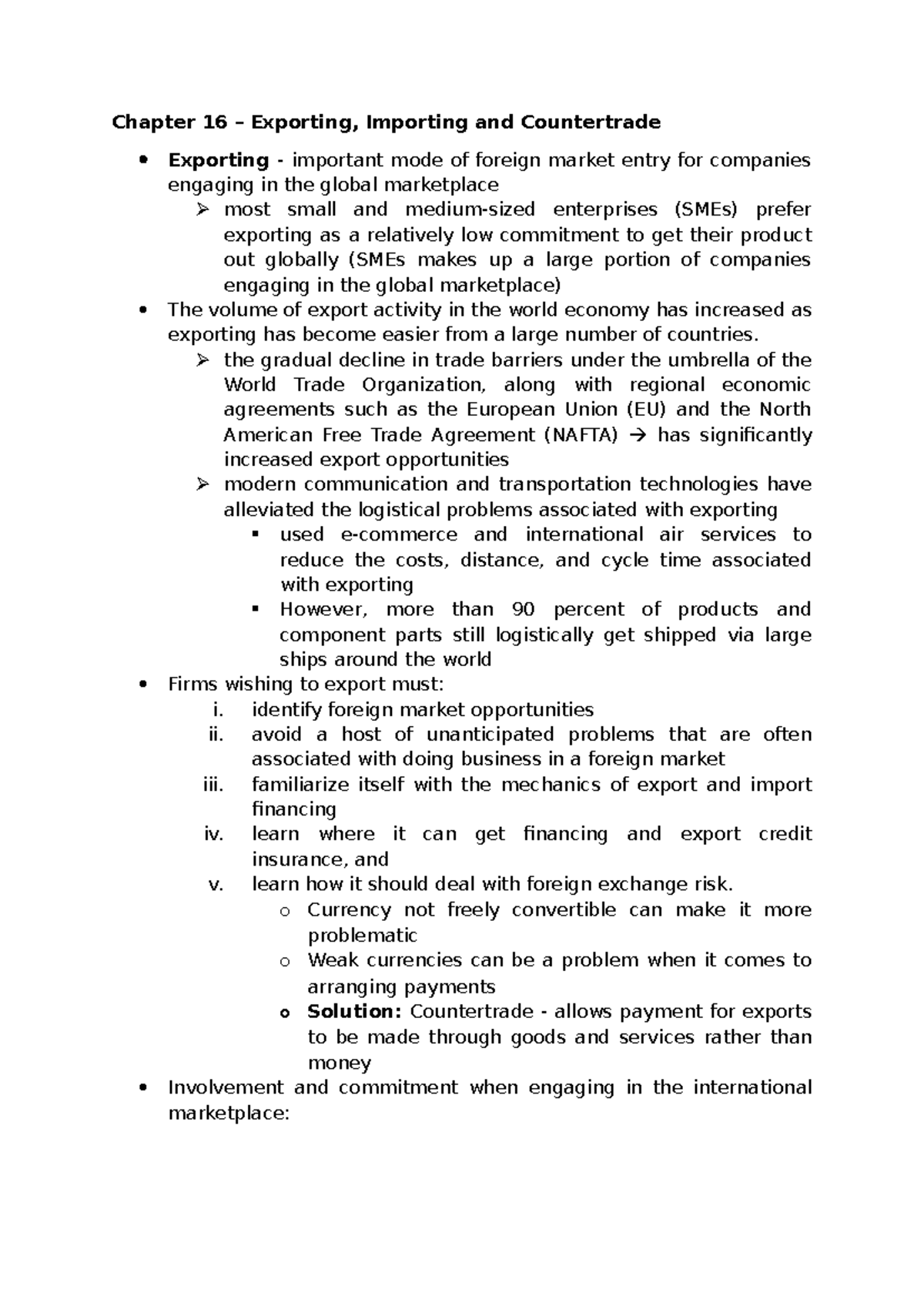 Chapter 16 - Importing, Exporting, & Countertrade Insights - Studocu