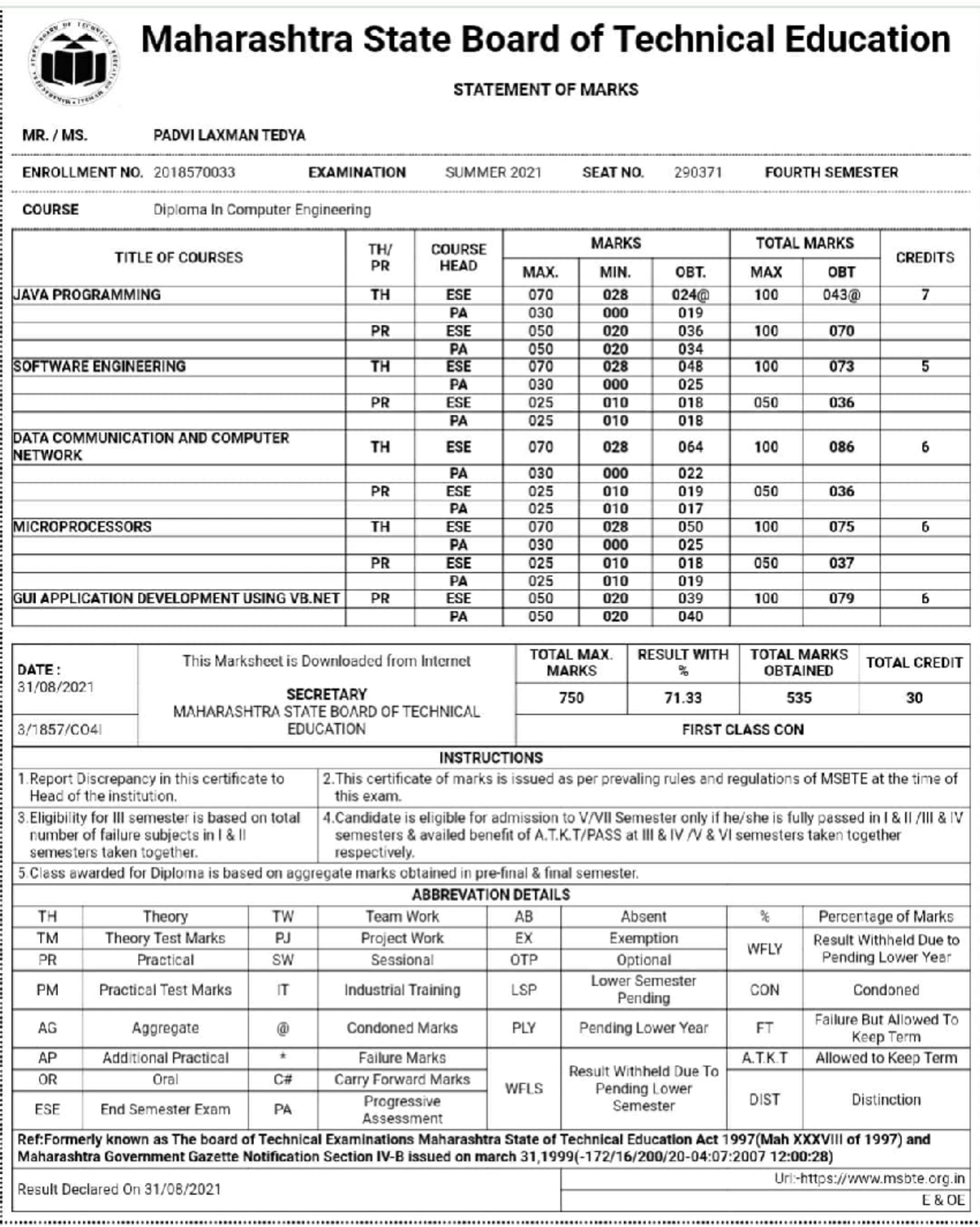 4th Semester Marksheet - Diploma in Computer Engineering - Studocu