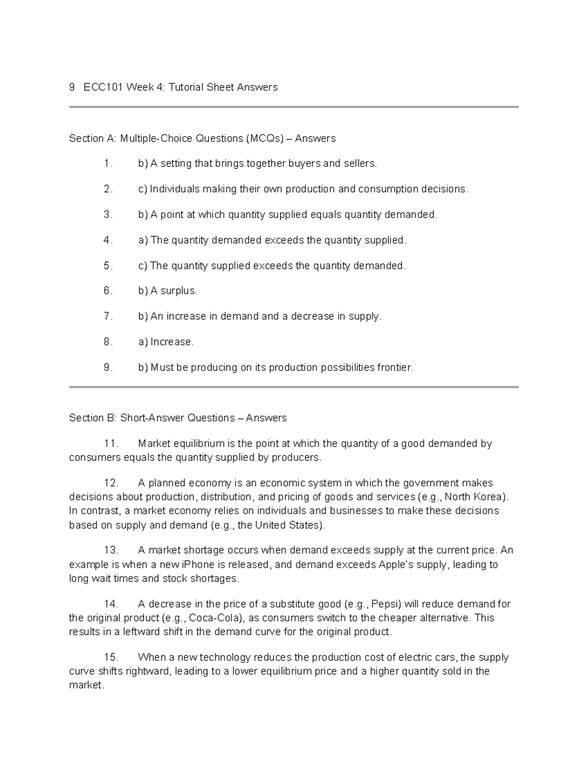 9 ECC101 Week 4: Tutorial Sheet Answers and Practice Memo - Studocu