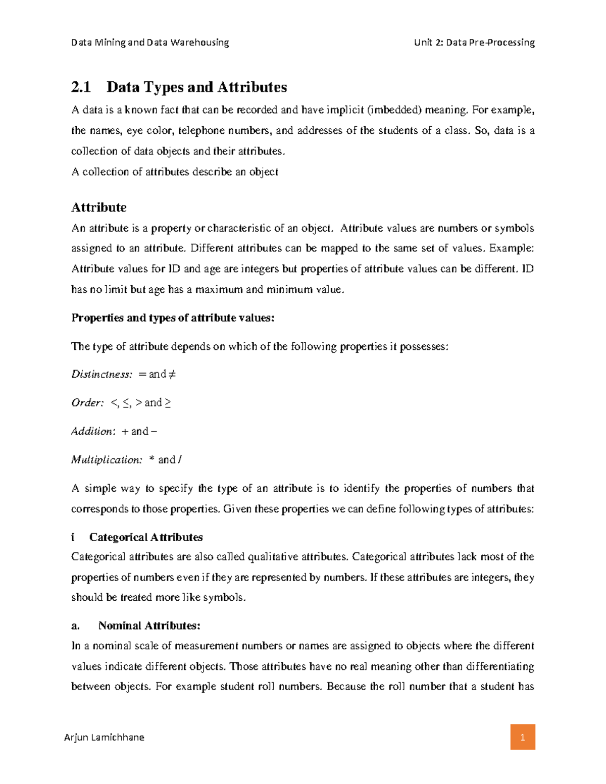 Data Mining and Data Warehousing 2.1 Unit 2: Data Types and Attributes ...