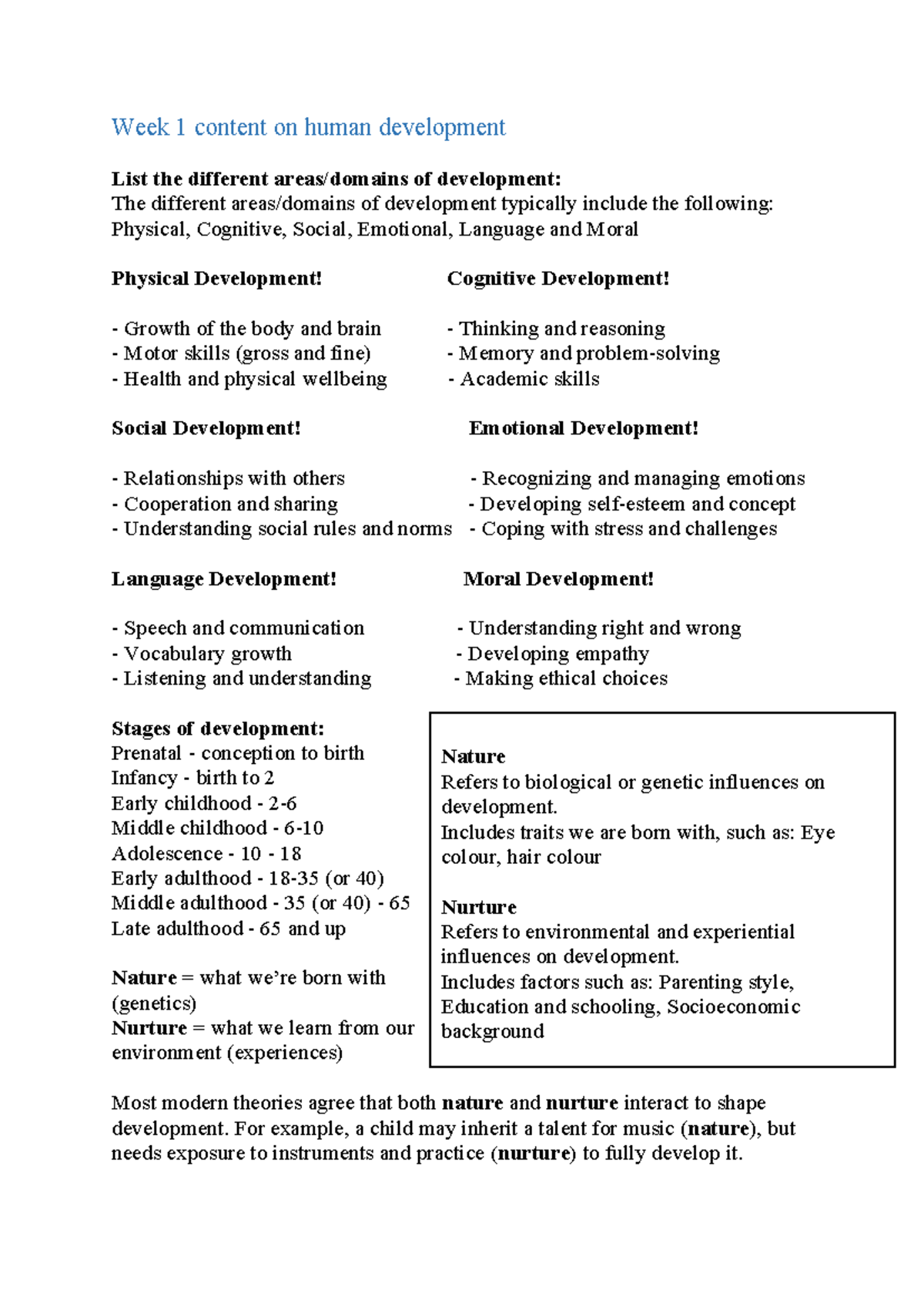 EDES100 - Week 1 Exam Notes on Human Development Concepts - Studocu