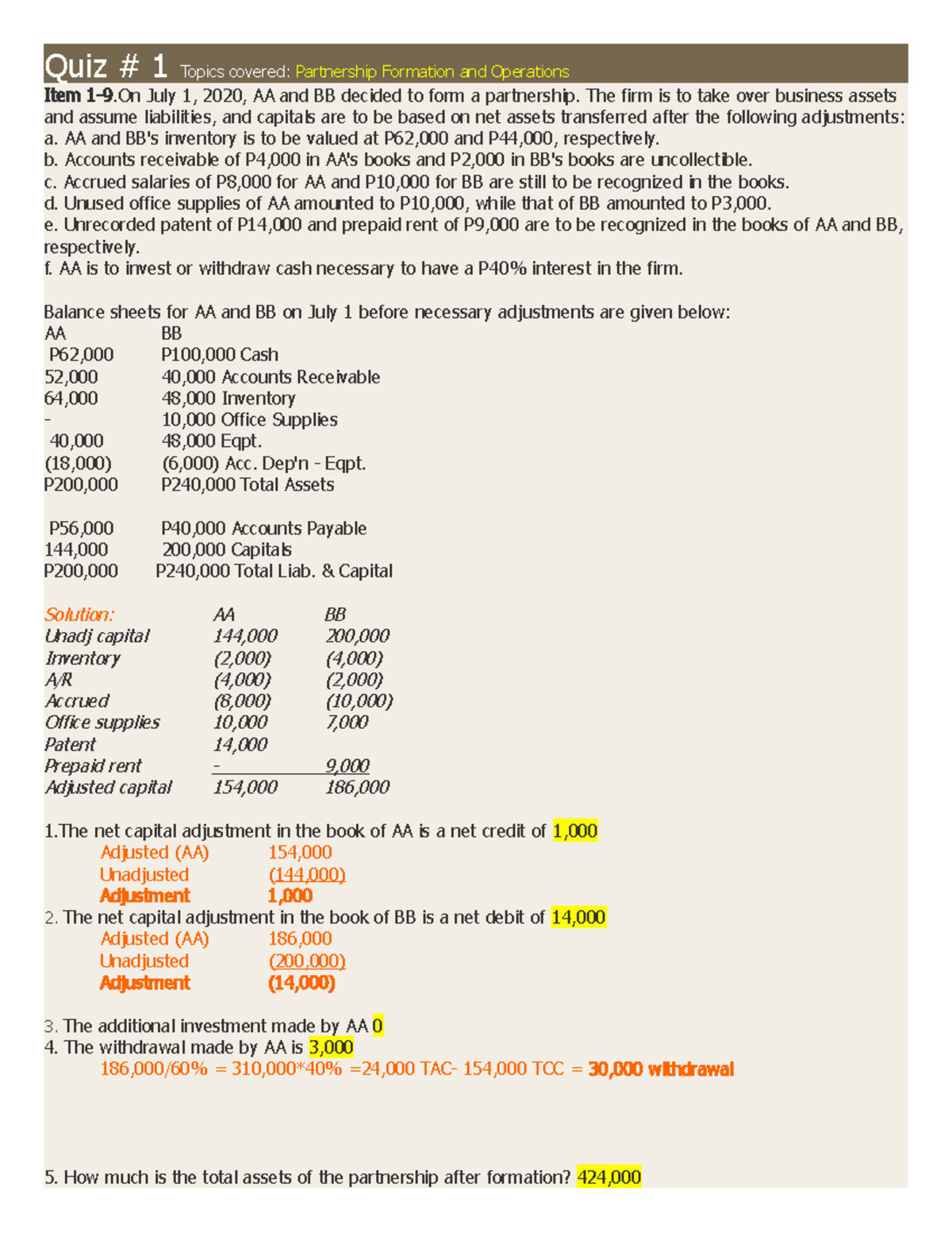 BSA 3A - AFAR 2 - Quiz 1: Partnership Formation & Operations - Studocu