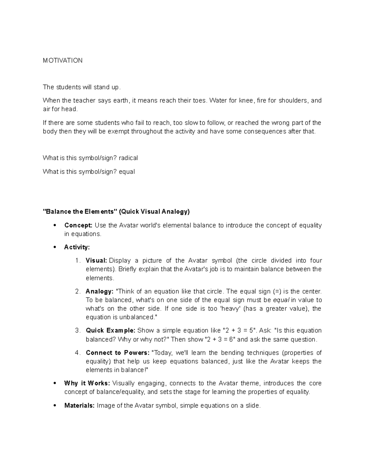 MATH 101: Understanding Equality Through Avatar Elements - Lesson Plan ...