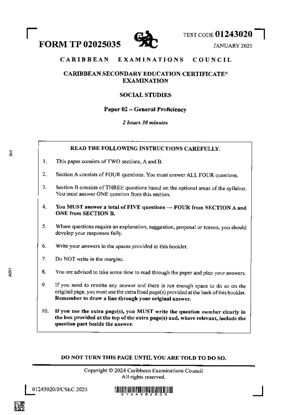 CSEC Social Studies Jan 2025 Paper 02 Exam Instructions & Questions ...