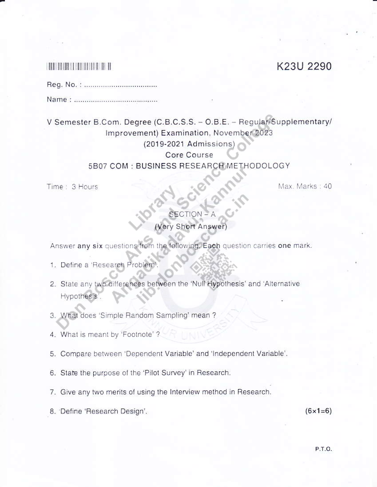 BRM previous year question paper - Reg No ..... K23U 2290 V Semester B ...