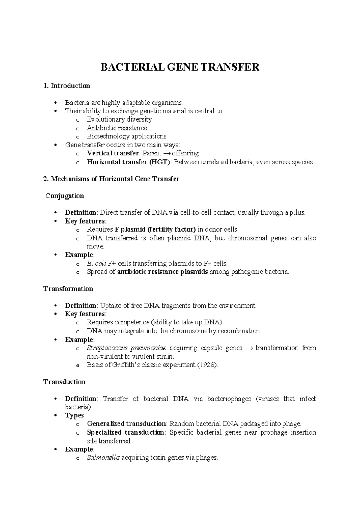 Bacterial Gene Transfer Mechanisms: Conjugation, Transformation ...