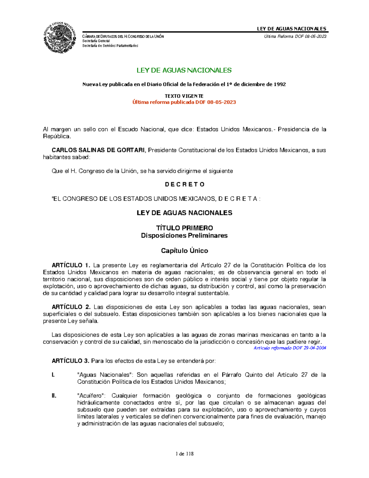 Ley de Aguas Nacionales: Texto Vigente y Última Reforma 2023 - Studocu