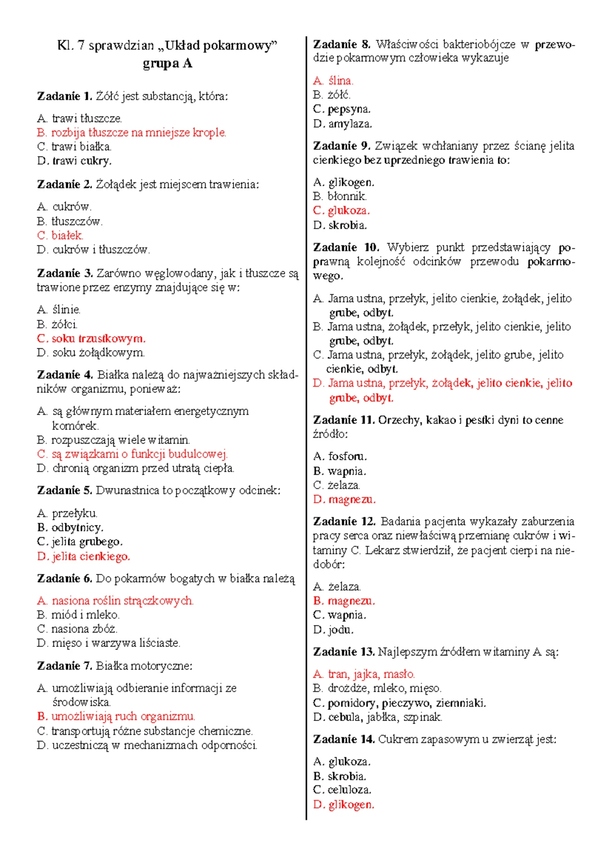 Ukł Pokarmowy Sprawdzian Kl.4 Do Wydruku www.studocu.com