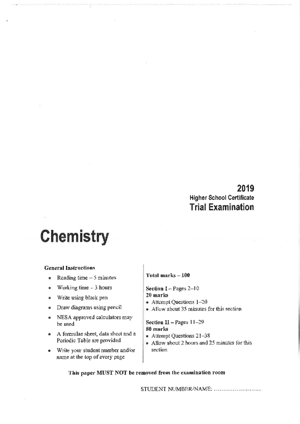 2019 HSC Chemistry Trial Exam Questions and Instructions - Studocu