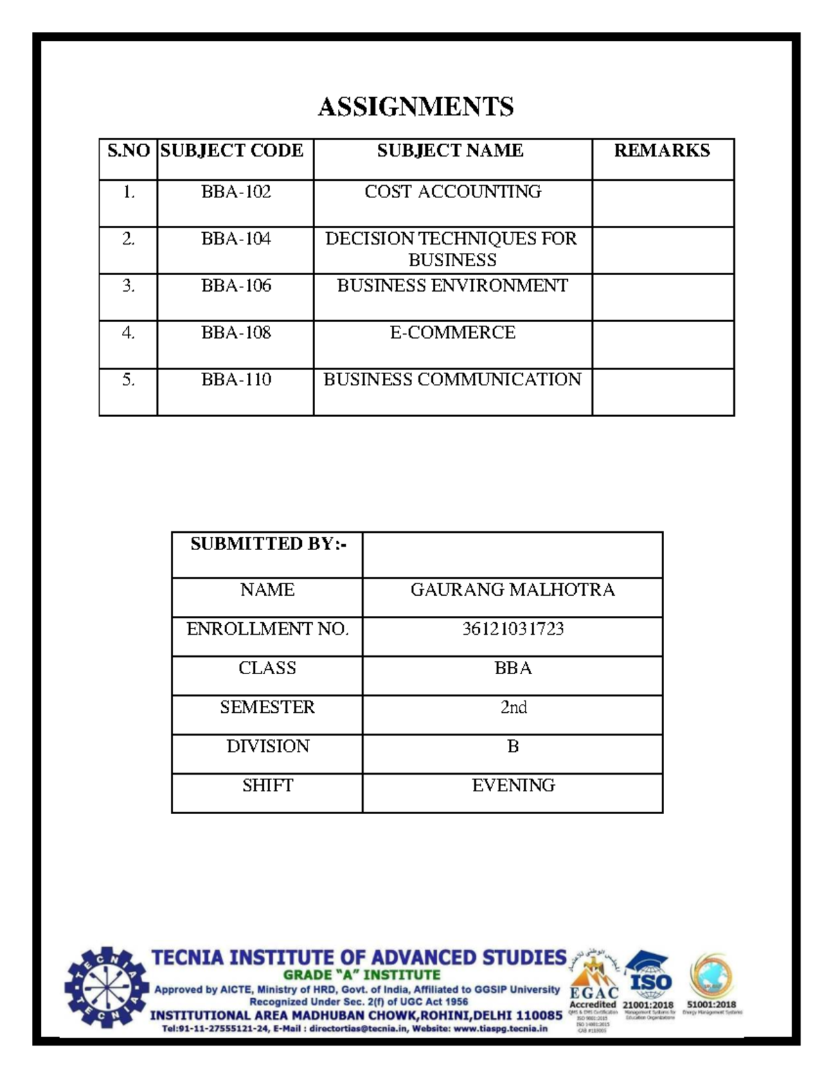 BBA 2nd Sem Assignments Overview - Cost Accounting, Decision Techniques ...