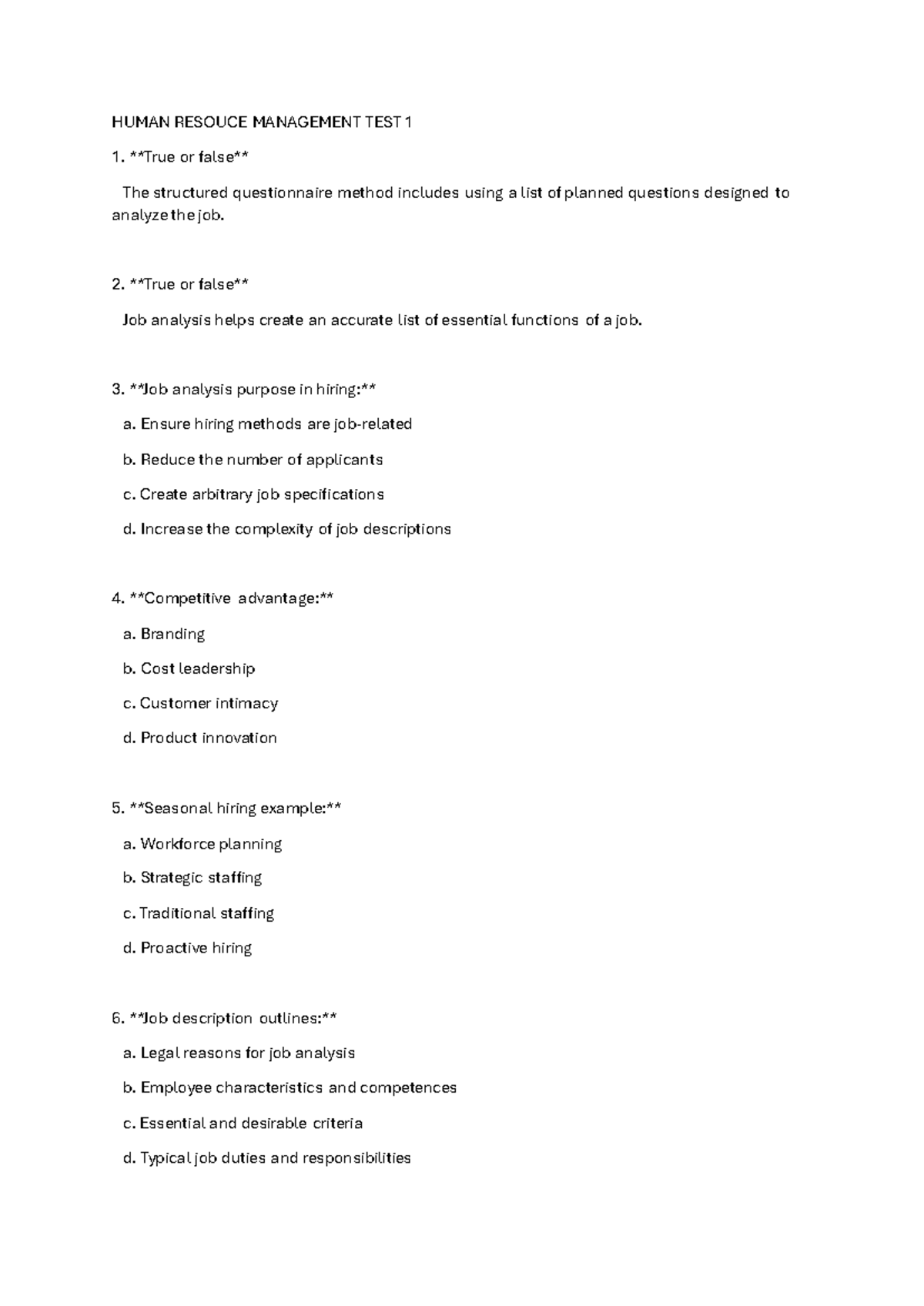 HUMAN RESOURCE MANAGEMENT TEST 1 & 2 QUESTIONS - Studocu