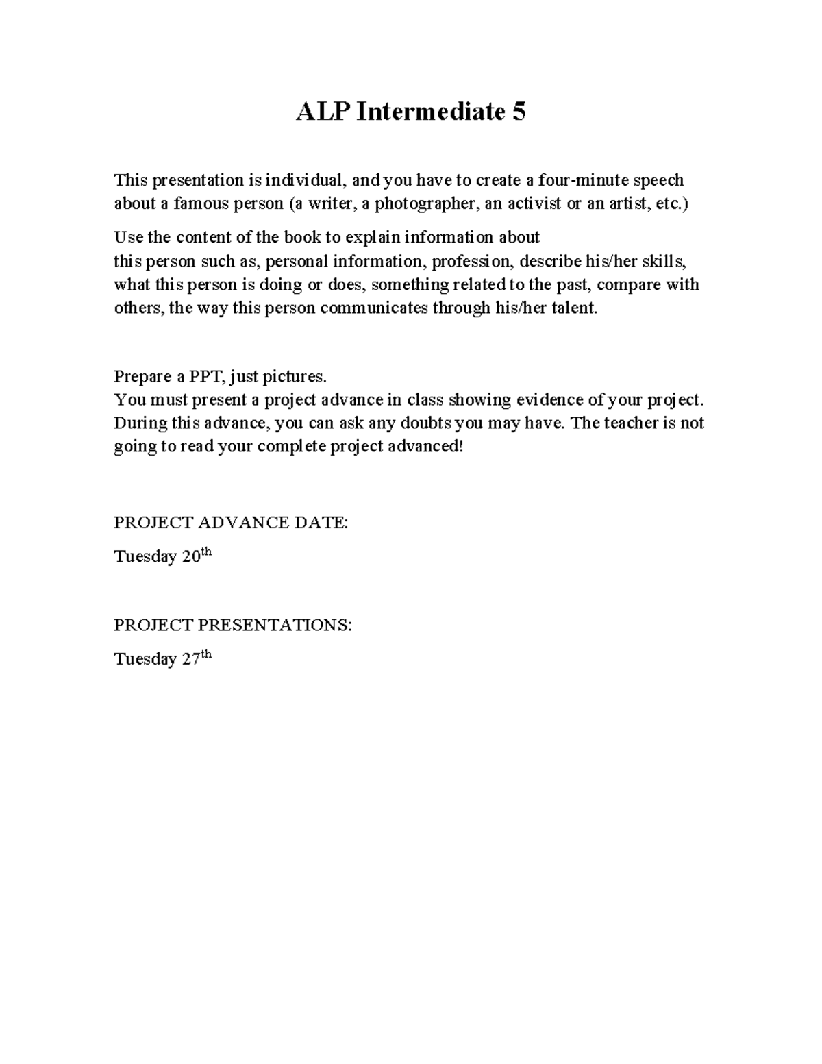 ALP Intermediate 5 - Famous Person Speech Project Guidelines - Studocu