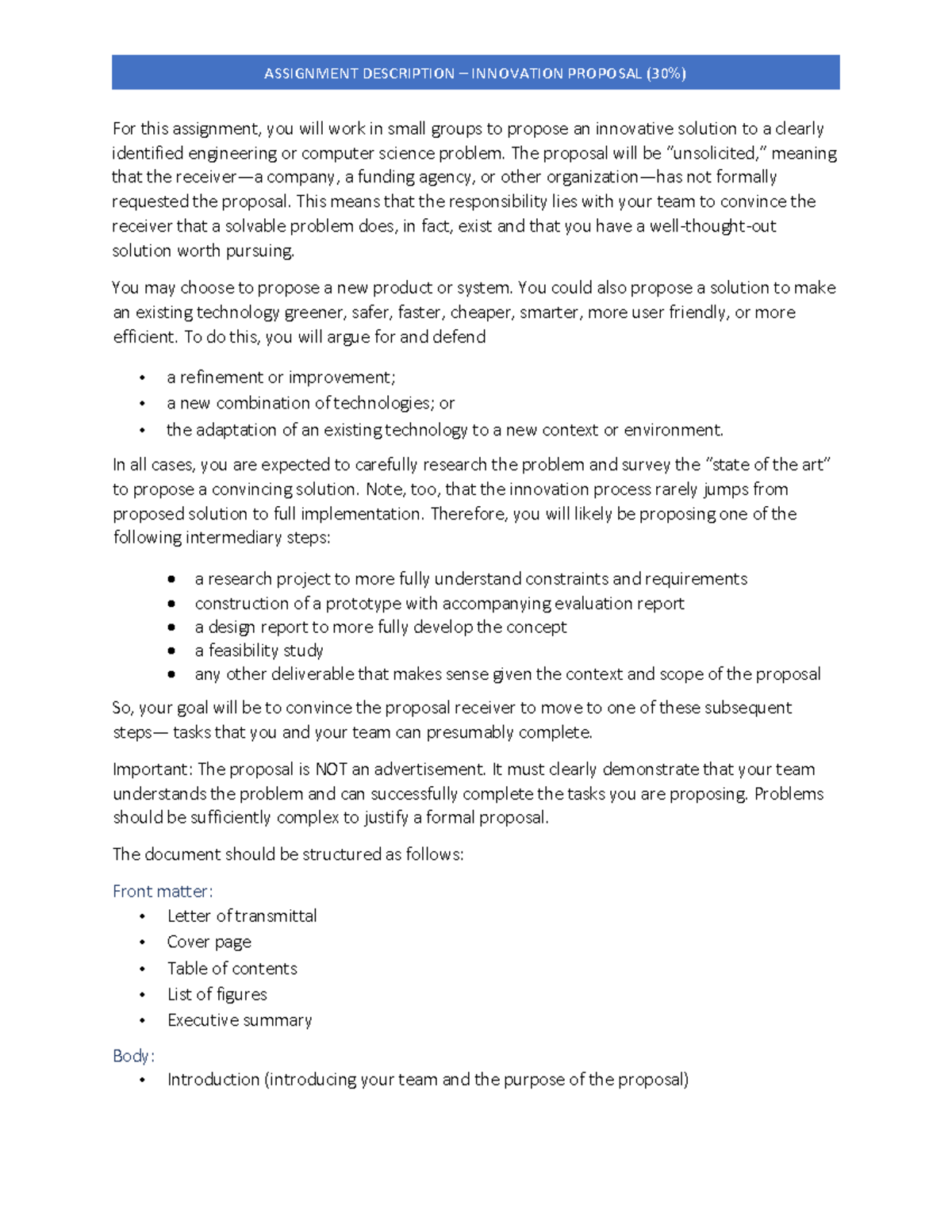 ENGR 101: Assignment Description - Innovation Proposal Guide - Studocu