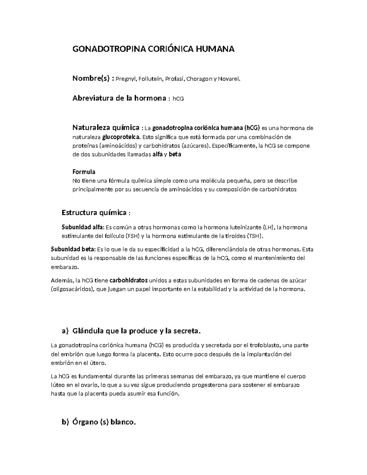Estudio sobre la Gonadotropina Coriónica Humana (hCG) y su función ...