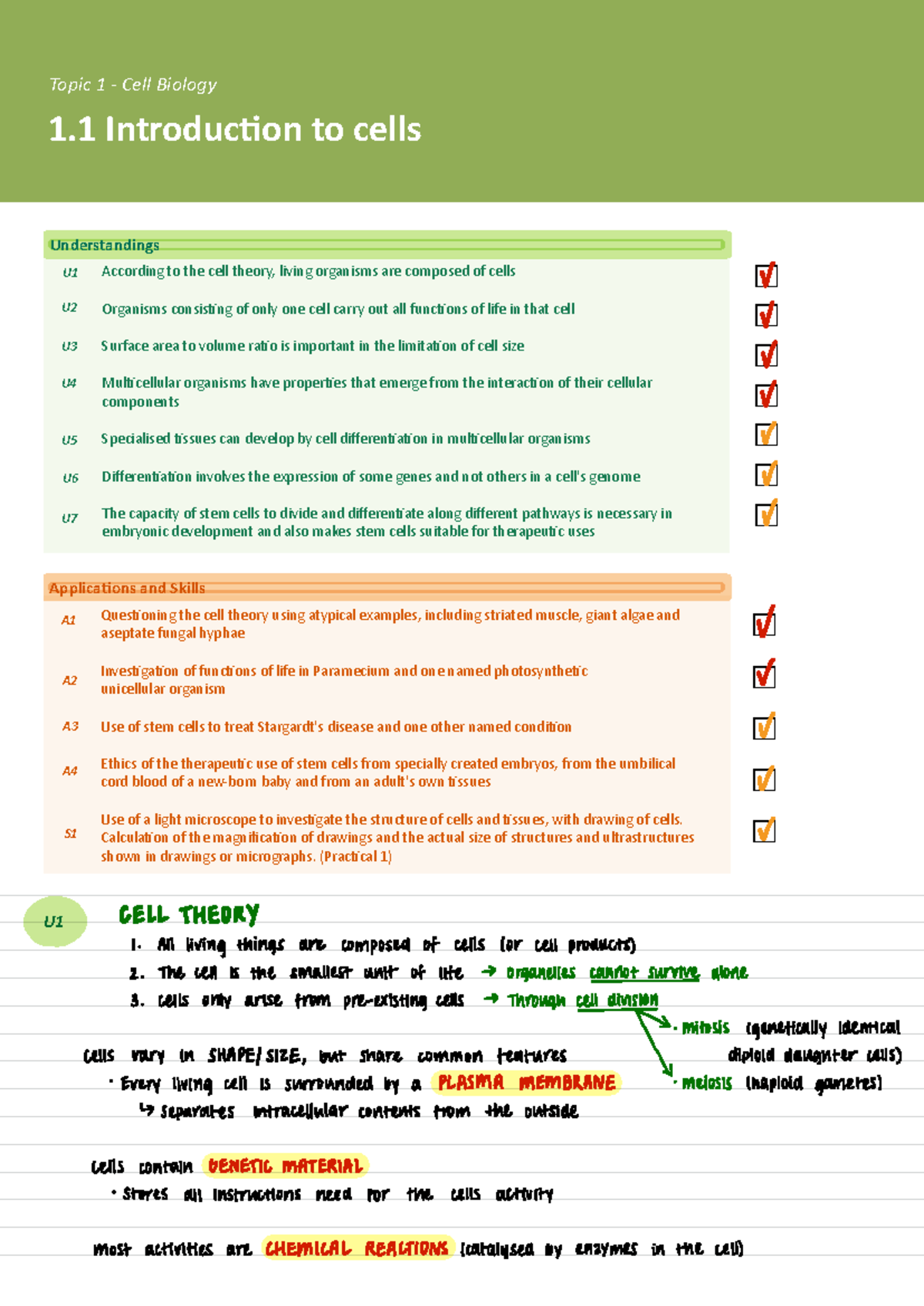 Topic 1.1 Introduction to Cells notes - According to the cell theory ...