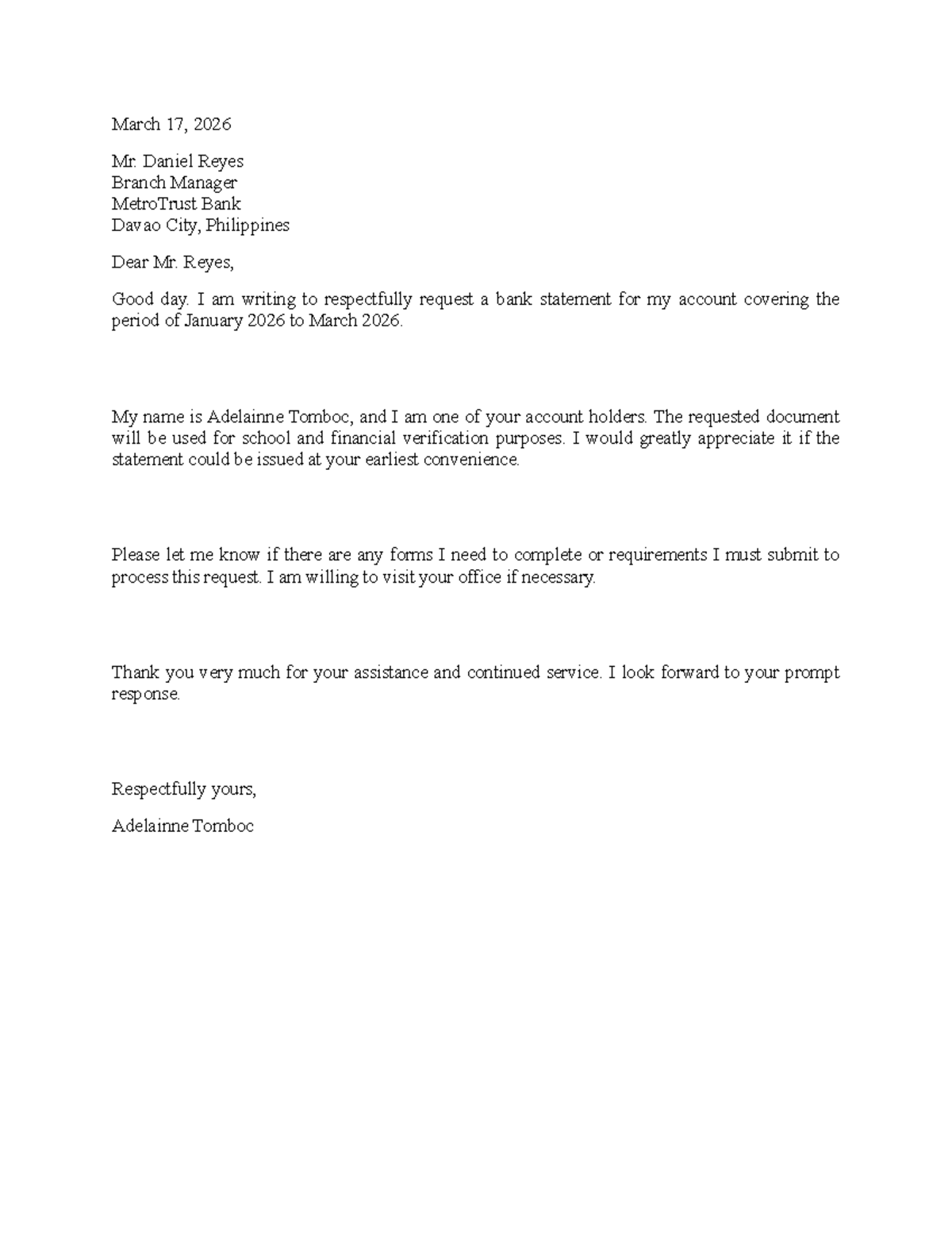 English Letter Sample Activity: Request for Bank Statement - Studocu