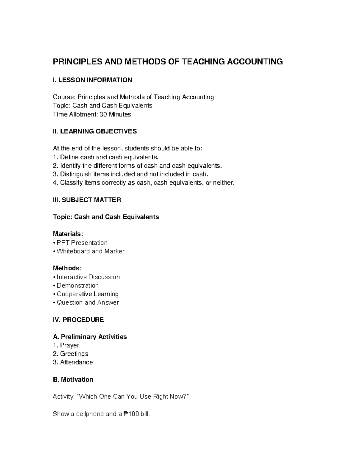 Principles and Methods of Teaching Accounting I: Cash & Cash ...
