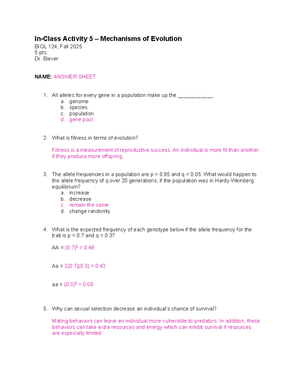 In-Class Activity 5: Mechanisms of Evolution (BIOL 124, Fall 2025 ...