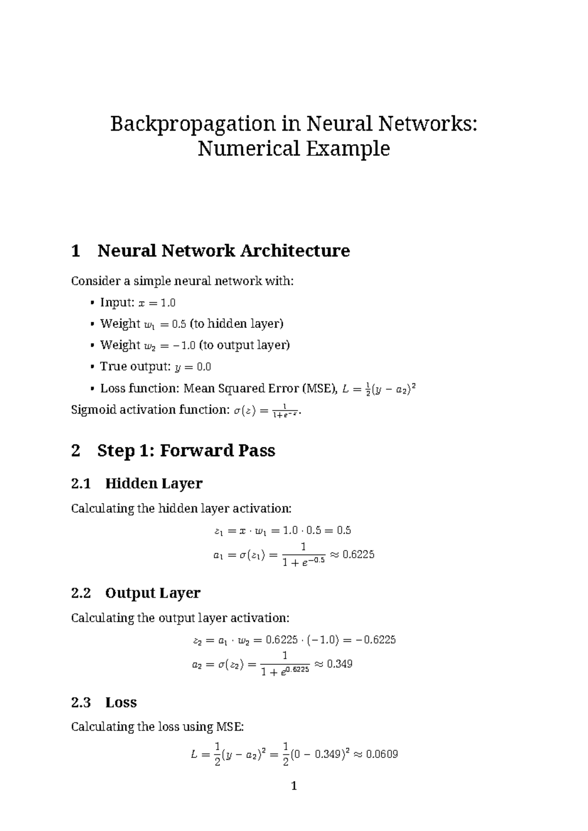 Backpropagation in Neural Networks: Numerical Example 1 - Studocu