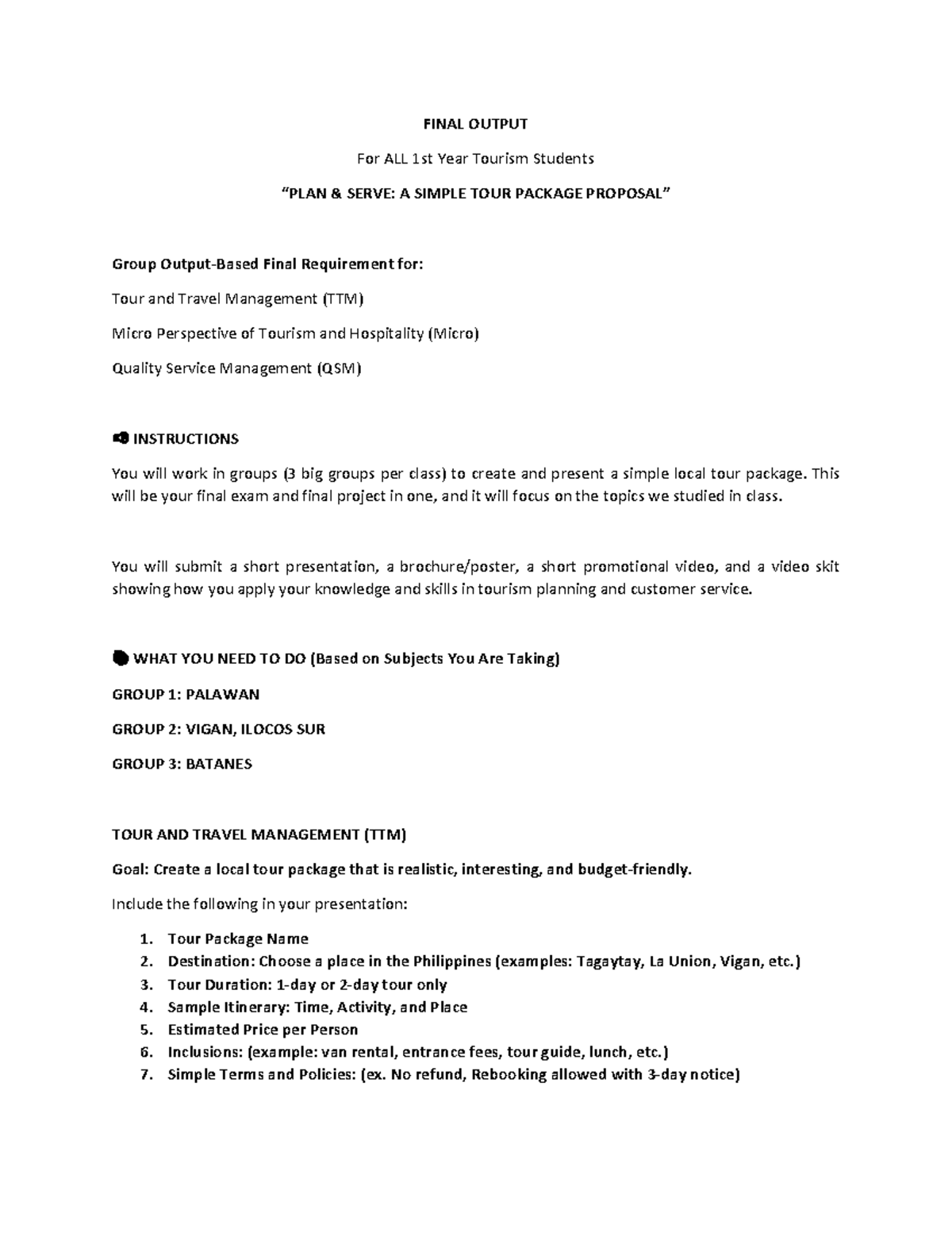 FINAL PROJECT: Simple Local Tour Package for TTM & Micro Tourism - Studocu