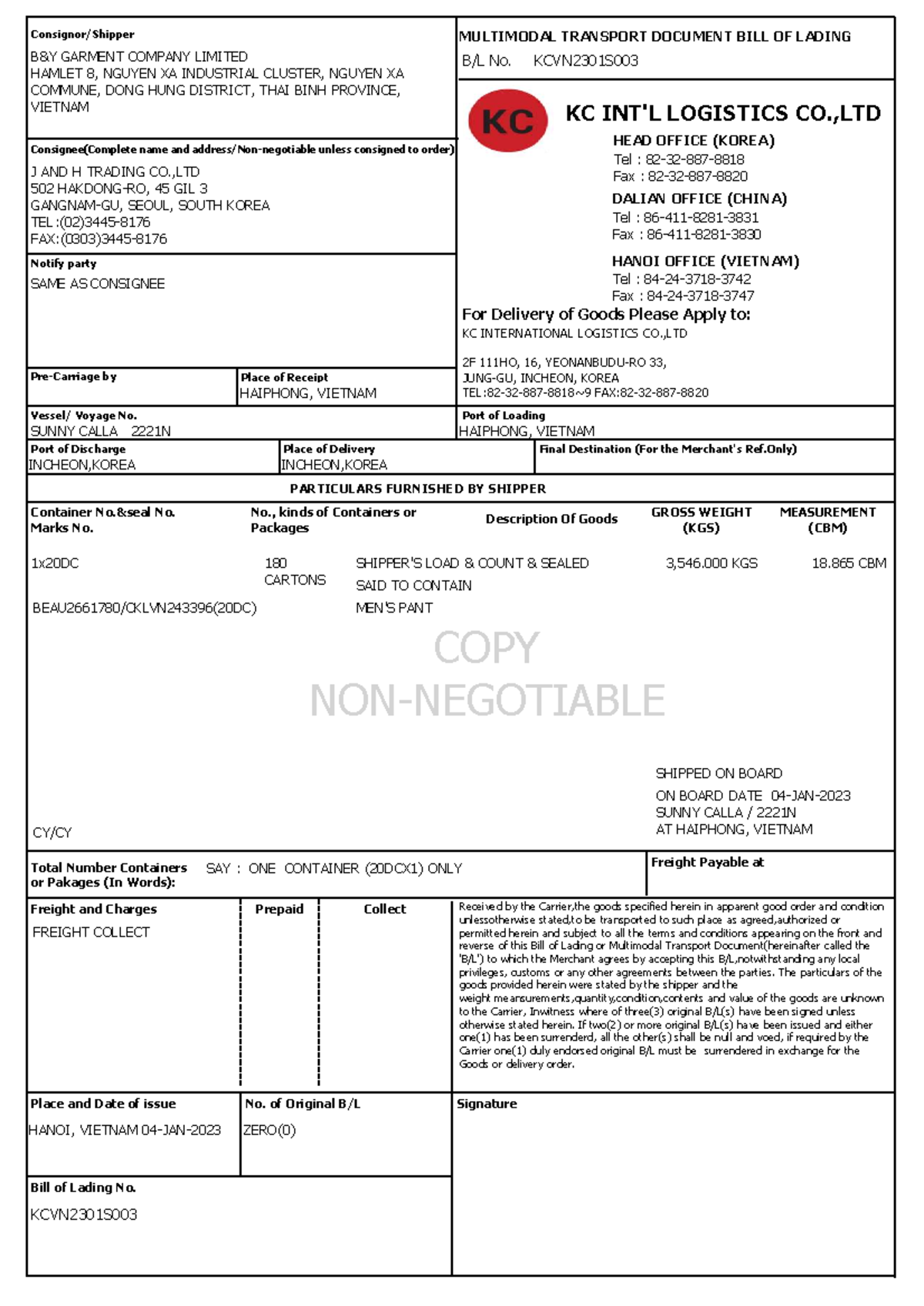 HBL KCVN2301S003 - Multimodal Transport Document for Goods - Studocu
