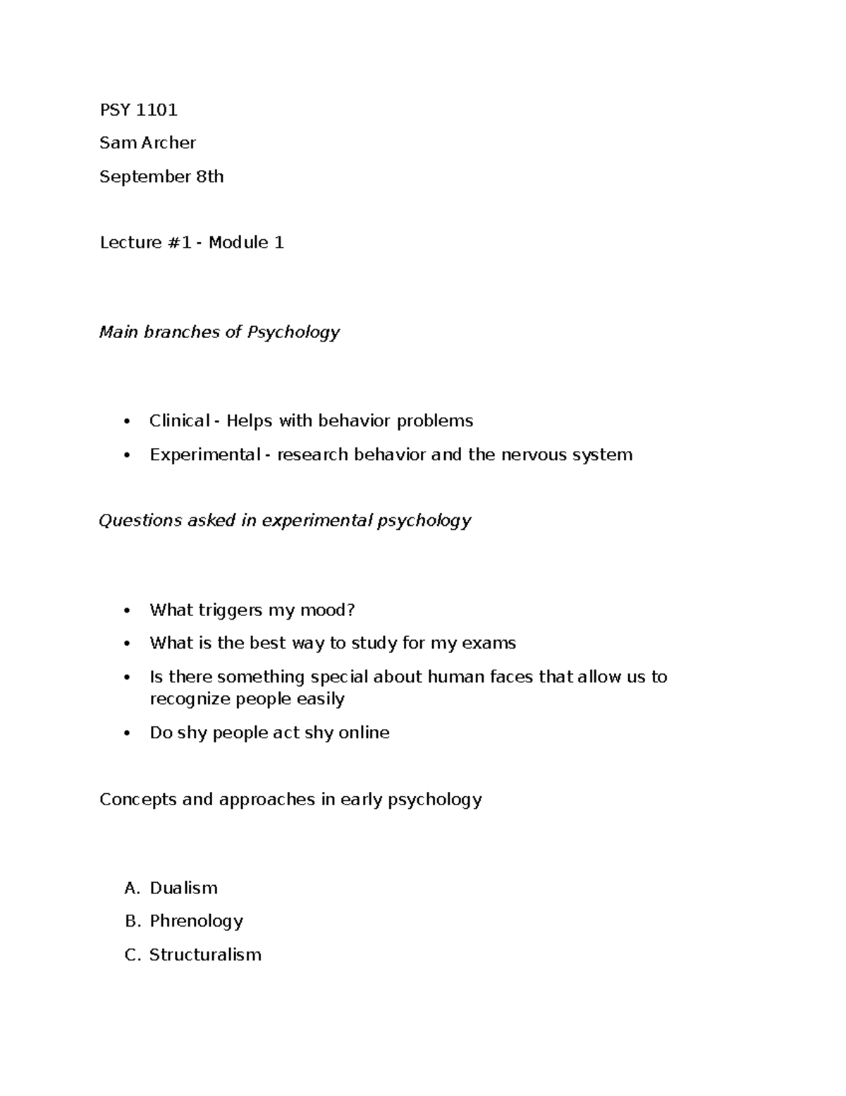 PSY 1101 Lecture 1: Main Branches of Psychology Overview - Studocu