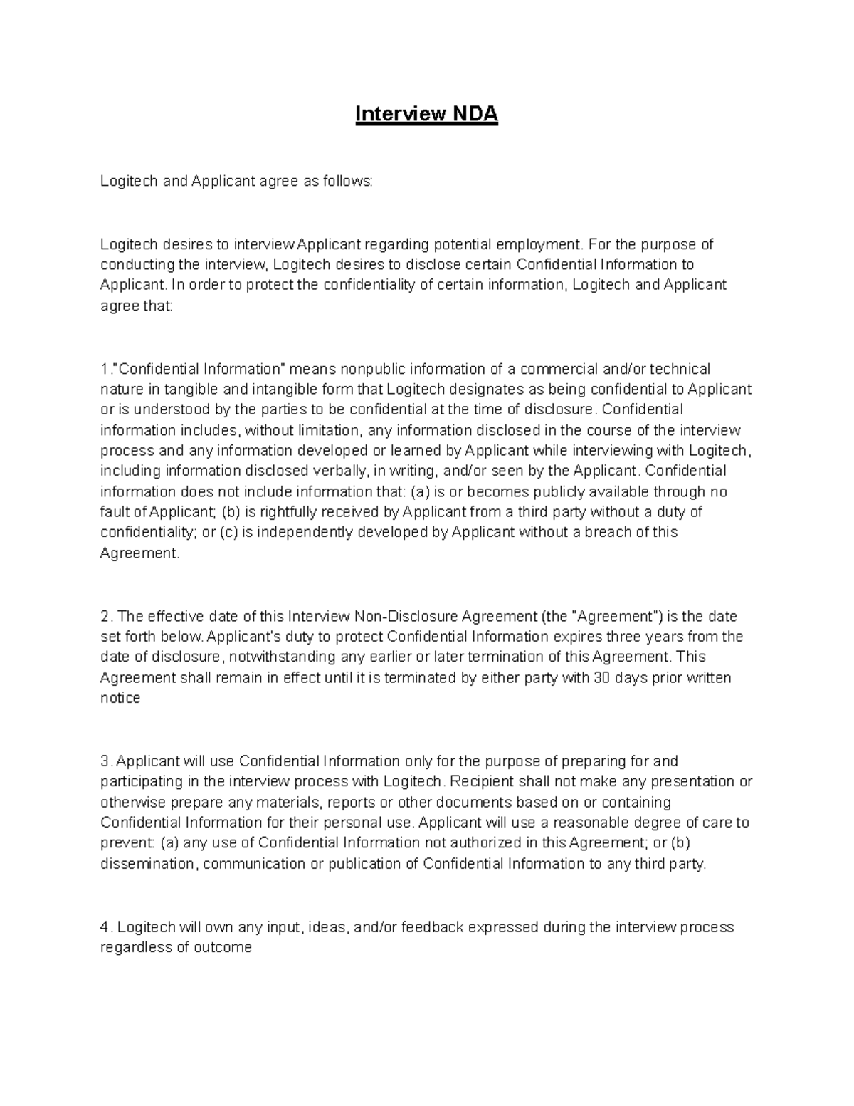Logitech Interview NDA Agreement for Confidential Information - Studocu