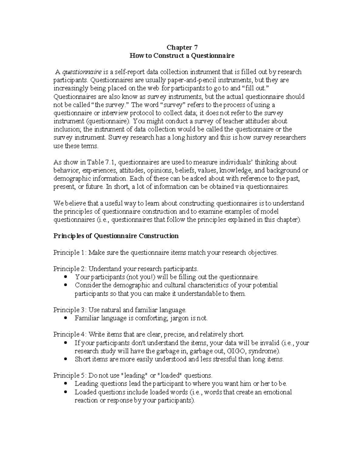 Chapter 7: Principles of Questionnaire Design and Construction - Studocu