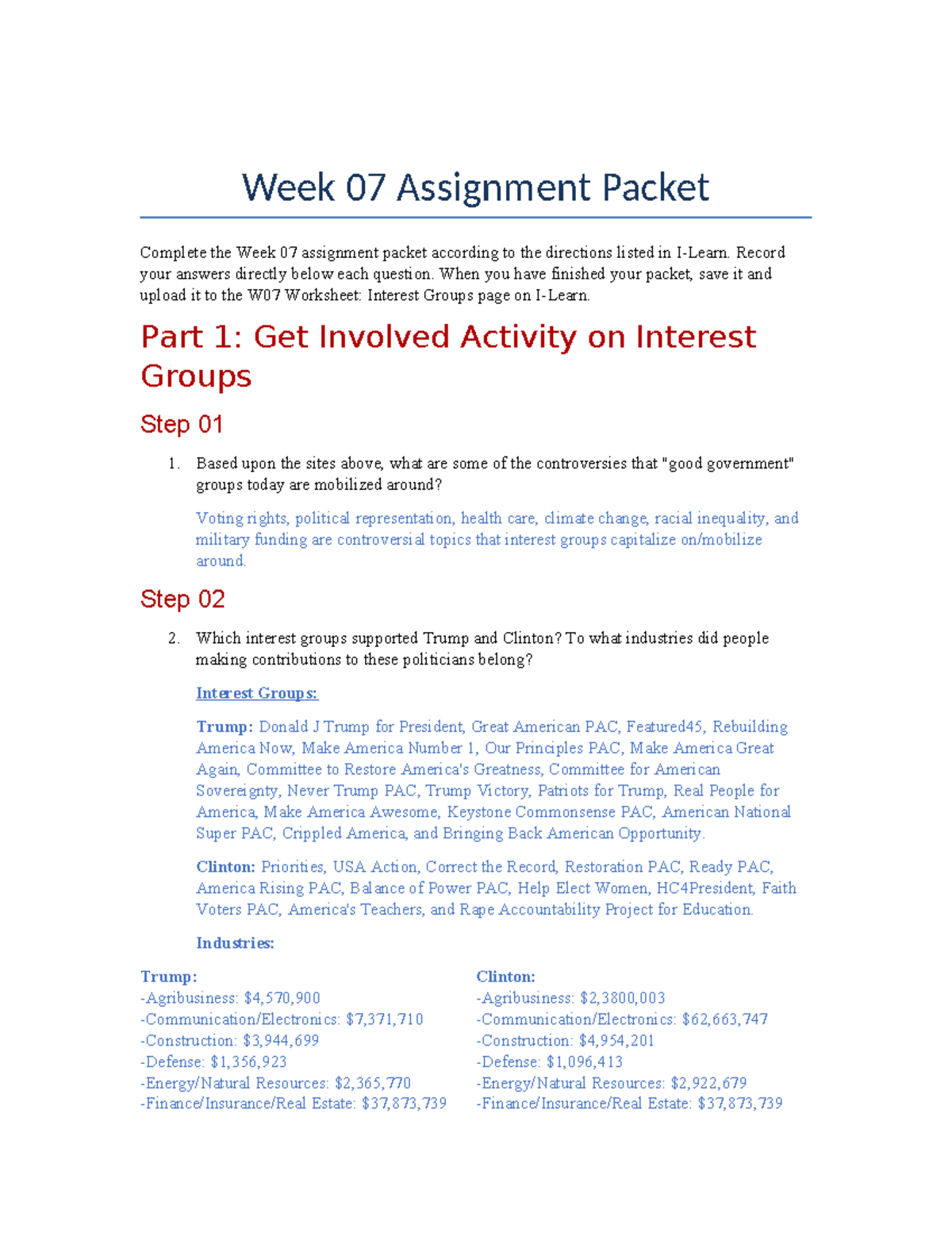 Polsc 110 Week 07 Assignment: Interest Groups & Political