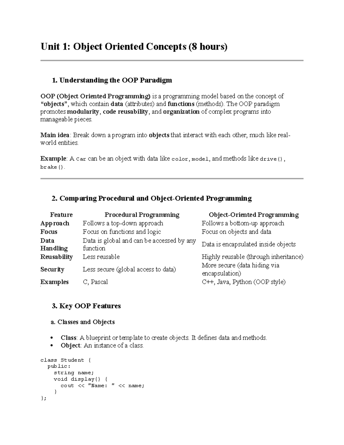 Unit 1: OOP concepts and principles - notes for CS101 - Studocu