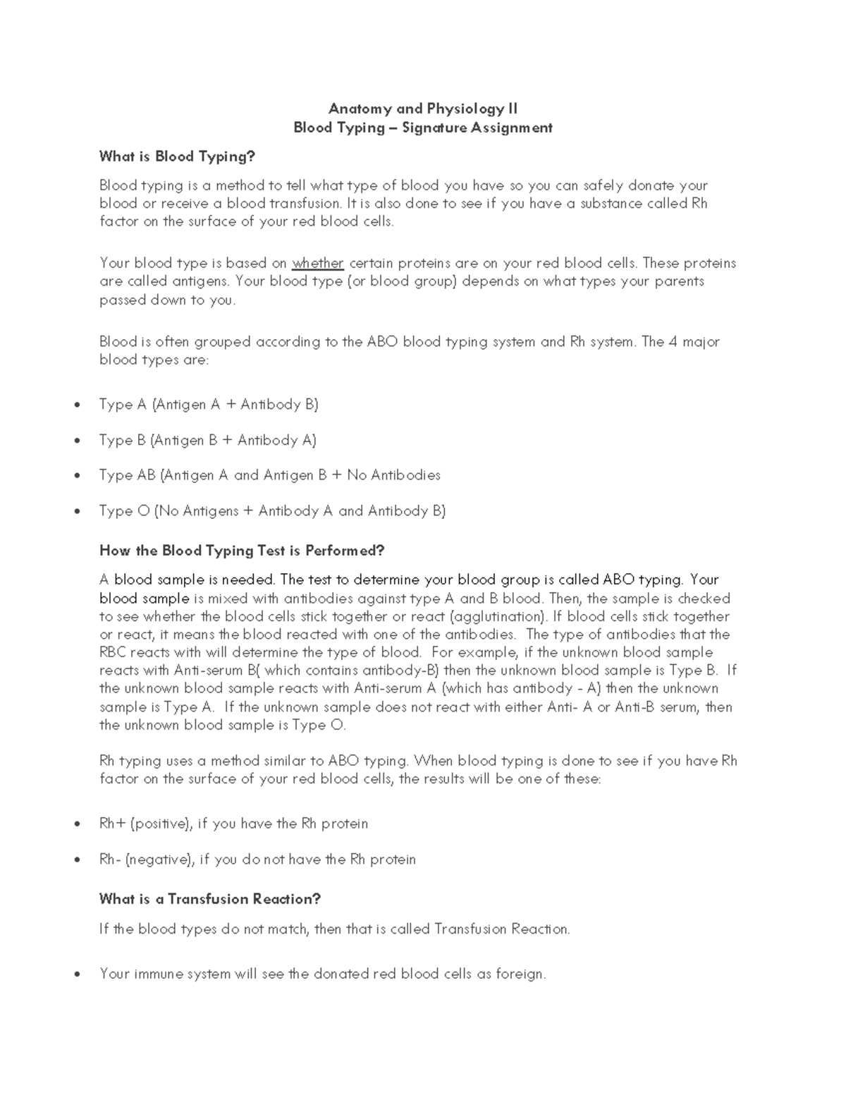 Anatomy and Physiology II: Blood Typing Signature Assignment - Studocu