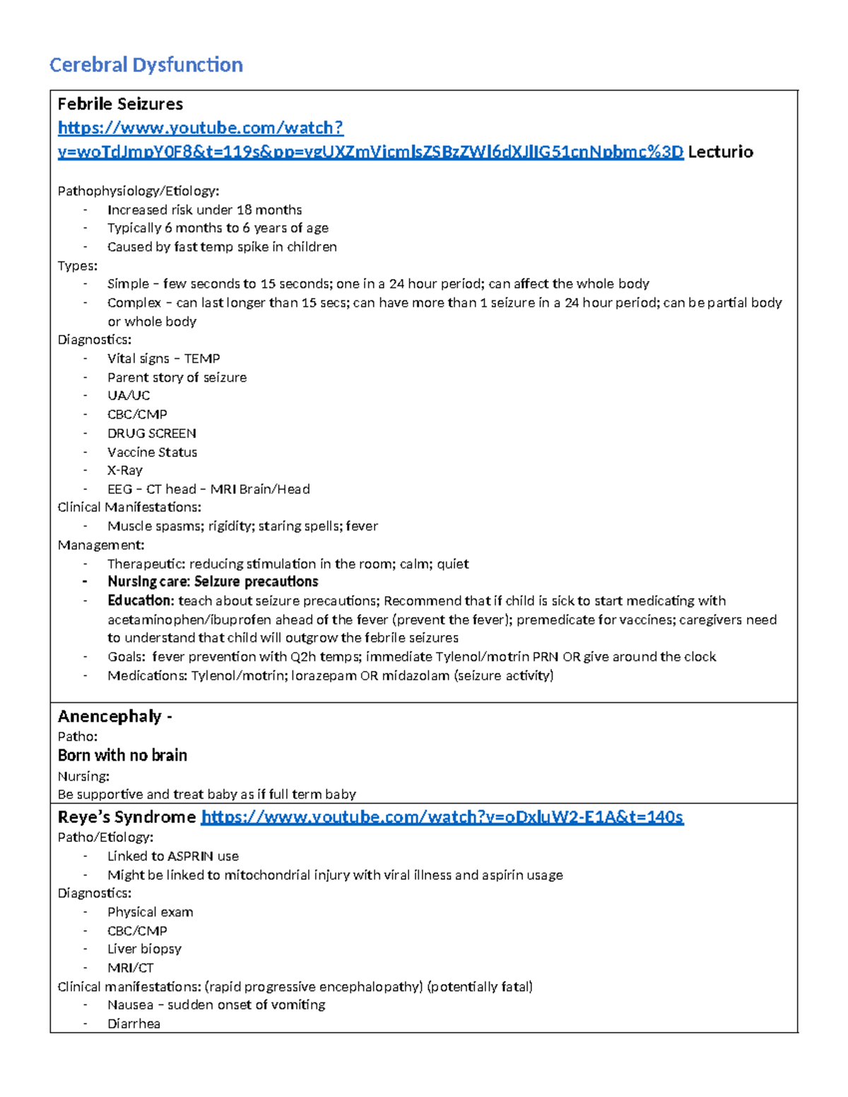 Cerebral Dysfunction Worksheet: Febrile Seizures & Management Insights ...