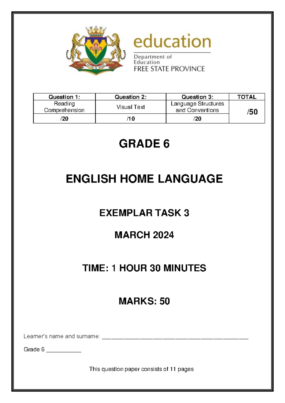 English HL Grade 6 Task 3 Exemplar March 2024: Comprehensive Questions